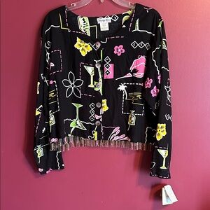 3 Piece Set Mango Bay ButtonTop, Sleeveless Top & Pants. Black/Pink Print